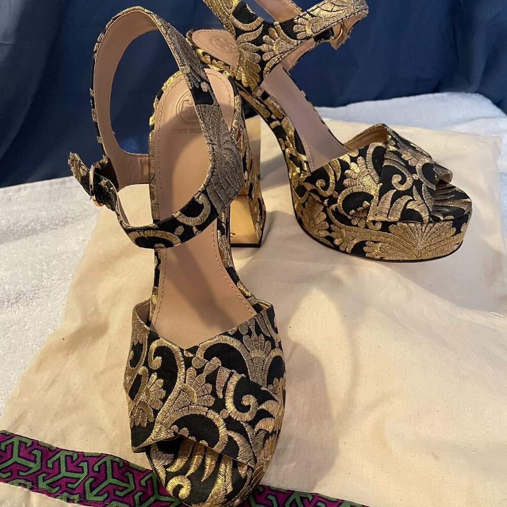 Tory Burch Gold/Black Brocade Fabric Loretta Platform Heels Size 11